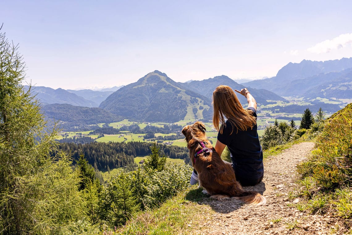 Hund und Frauchen schauen auf die Berge